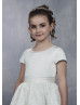 Short Sleeve Pearl Neck Ivory Satin Floral Lace Flower Girl Dress